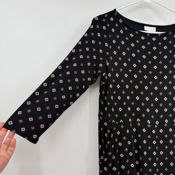 J Jill Dress Women Small Black 3/4 Sleeve Pockets Aztec Geometric Knit Stretch - Picture 2 of 11